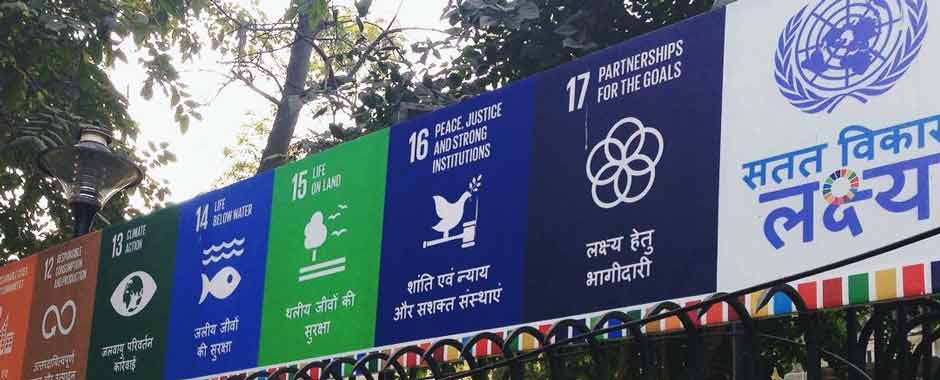 Placards with the UN Sustainable Development Goals.