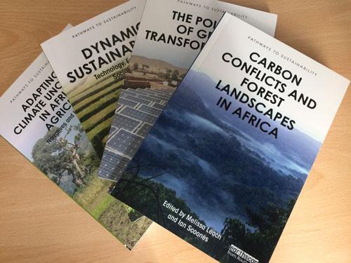 A group of books from the Pathways to sustainability series by Routledge