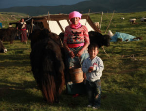 Woman and child with yaks