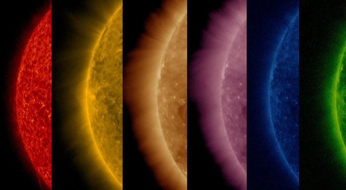Composite image of a segment of the sun showing different light wavelengths