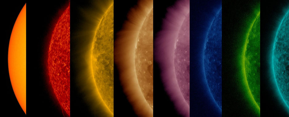 Composite image of a segment of the sun showing different light wavelengths
