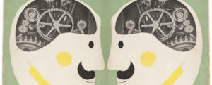 1970s illustration of two heads facing each other with cut out section showing cogs