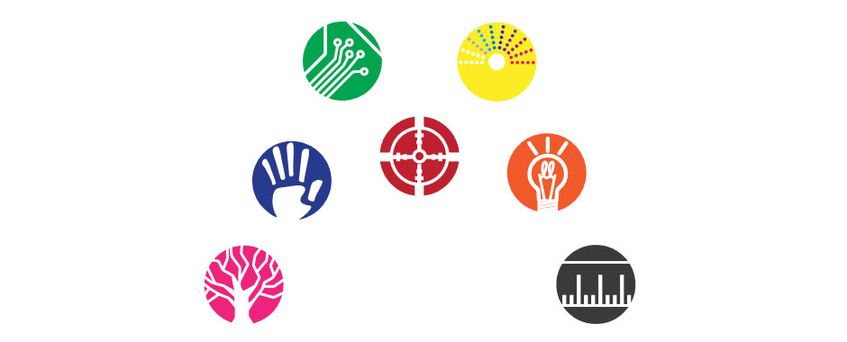 motif with coloured circles containing tree, hand, circuitboard, target, sun, lightbulb and ruler