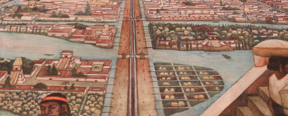 Painting of the pre-Columbian city of Tenochtitlan in Mexico.