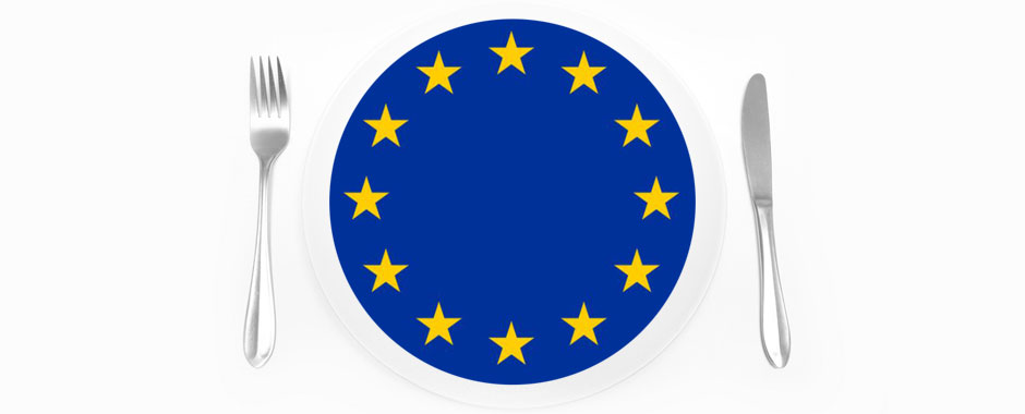 Flag of Europe as a round plate with knife and fork