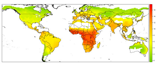 Global map of risk of bat-human shared viruses from statistical model based on ecological and human drivers.